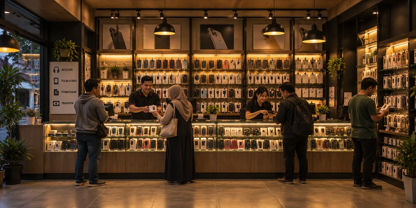 Suasana outlet Konter Antum saat ramai: dua kasir melayani beberapa pelanggan di sepanjang etalase