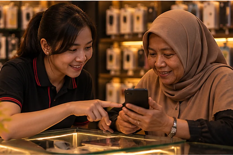 Karyawan membantu seorang ibu mengurus ponselnya di meja layanan