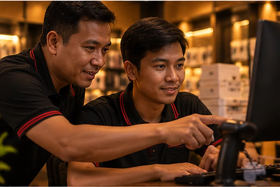 Karyawan senior mengajari karyawan baru di meja kasir