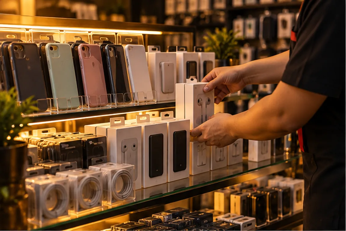 Etalase aksesoris HP, voucher, dan kartu perdana di Konter Antum